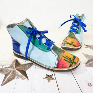 Vintage colorful handpainted lace up chukka boot desert scene patchwork high top